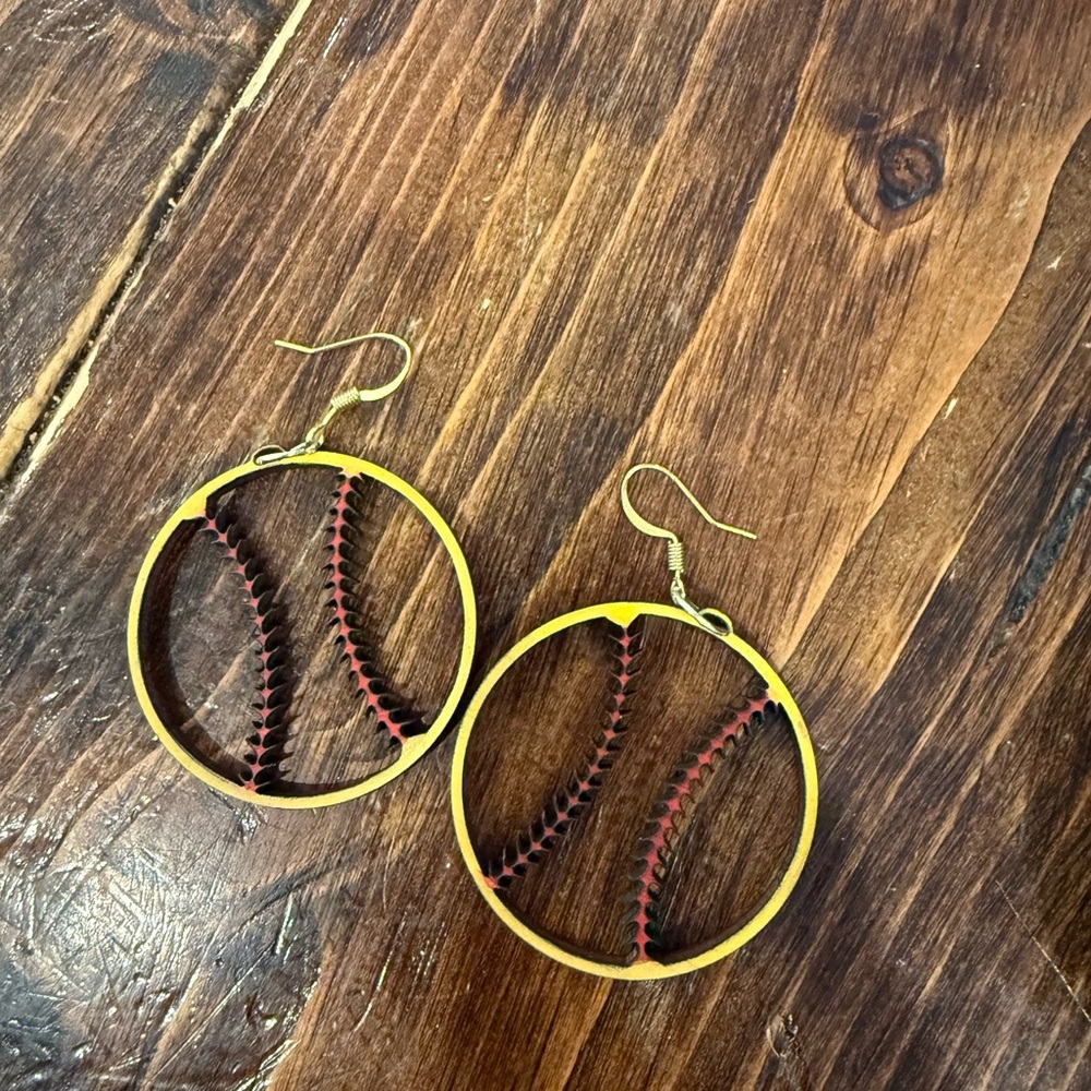 Softball Stitch Earrings in Gold and Red